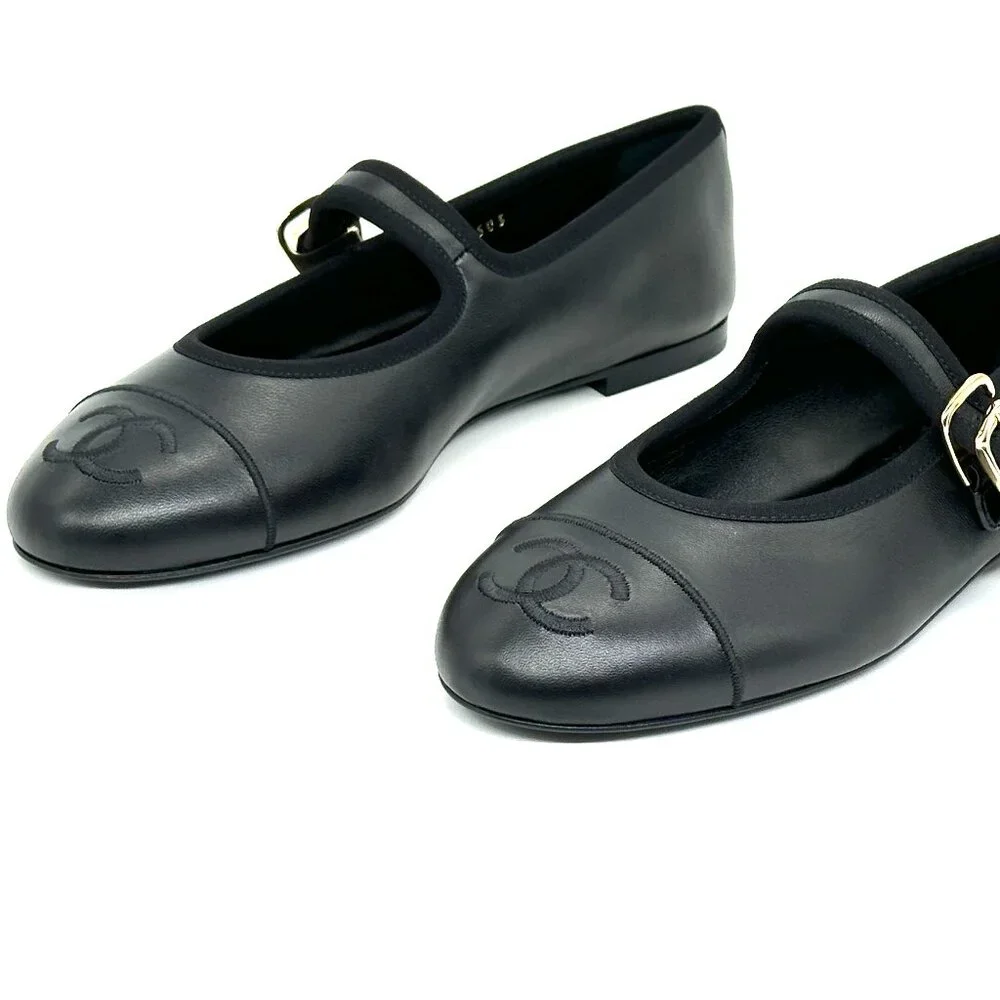 CHANEL REV CC Logo Leather Mary Jane Ankle Strap Flat Ballerina Shoes Black - Picture 11 of 15